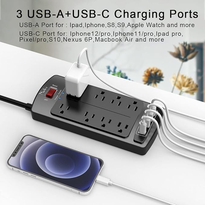 Surge Protector Power Strip - Nuetsa Flat Plug Extension Cord with 8 Outlets and 4 USB Ports, 20 Feet Power Cord, 2700 Joules, ETL Listed, Black
