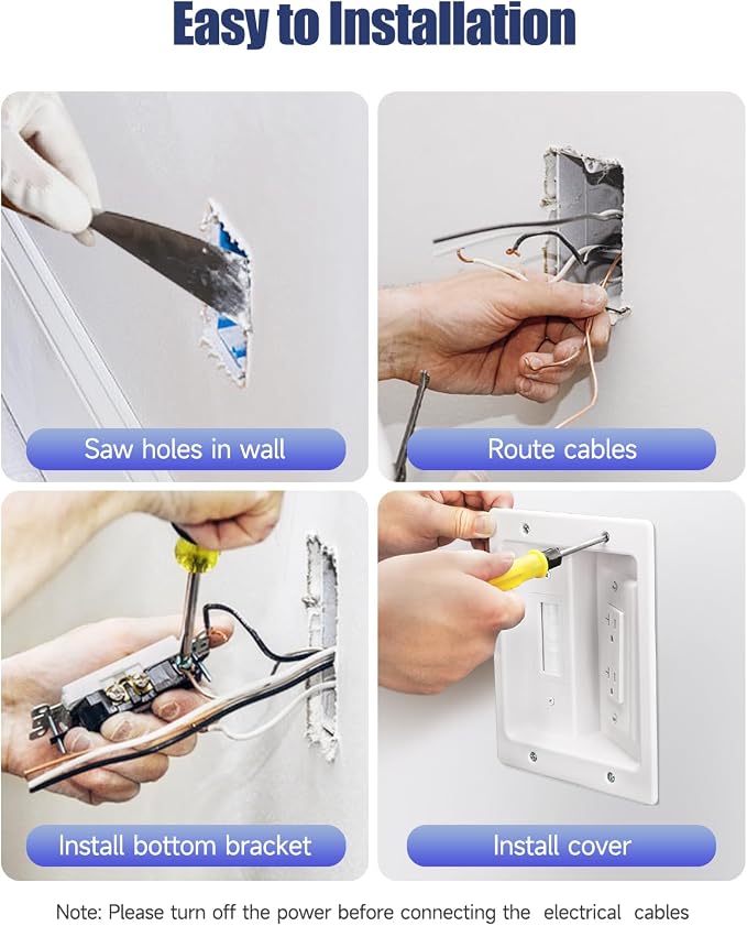 Wall Cable Concealer Kit, in Wall Cable Management Kit for TV, Recessed Outlet with Cable Management Box, in Wall Power Kit Hides TV Cords and Cables, Fits All Plugs, White