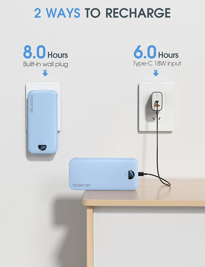 citicr Portable Charger 20000mAh PD20W w/Built-in Cables & Wall Plug Blue | High capacity, Fast charging, Built-in wall plug, LED display, Charge 5 devices at once, Pass through charging, TSA approved