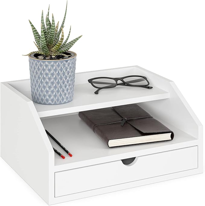 Ballucci Desk Organizer with Drawer, 2 Tier Paper Office Supplies Desk Organizer, 13 2/5" x 9 3/5" x 6", White