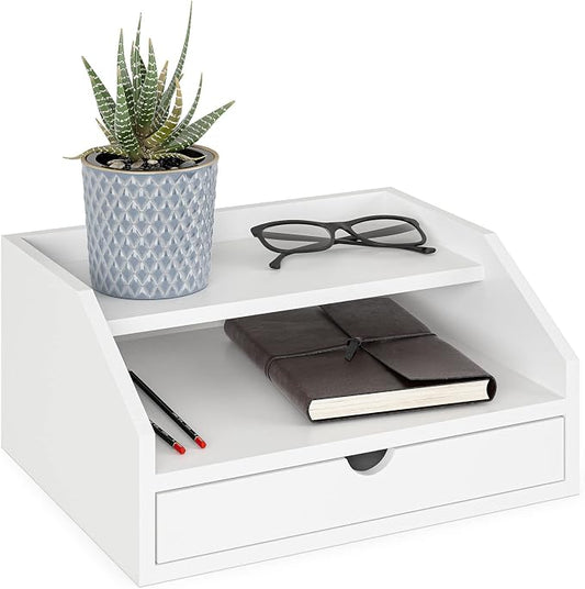 Ballucci Desk Organizer with Drawer, 2 Tier Paper Office Supplies Desk Organizer, 13 2/5" x 9 3/5" x 6", White