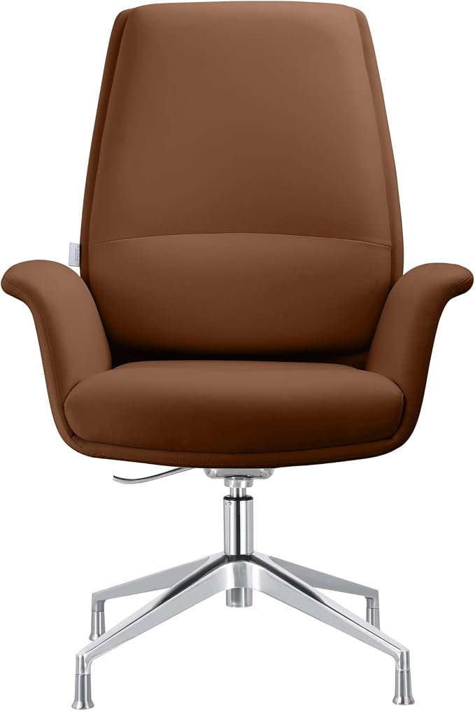 LeisureMod Mid-Century Modern Swivel Office Chair, Adjustable Height with Faux Leather Seat and Aluminum Frame, Dark Brown
