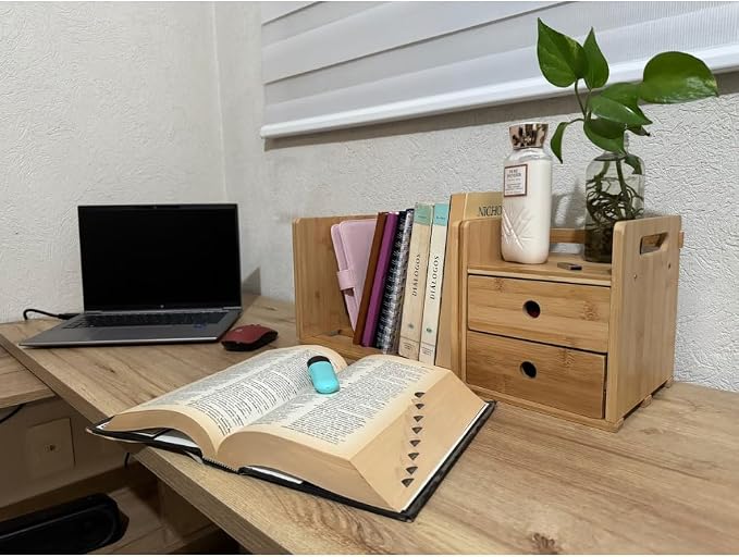 Desktop Bookshelf Expandable with Two Drawer Organizers Made of Bamboo, Collapsible Design & Compartments for Efficient, Clutter-Free Workspace Organization - Sleek Bookshelf