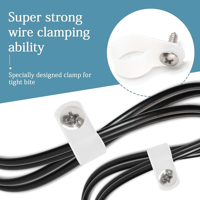 50 Pcs 5/8 Inch White Nylon Cable Clip Wire Clamp | R-type, 16mm, Stainless Steel Screws Included, Screw Mounting, Wire Management