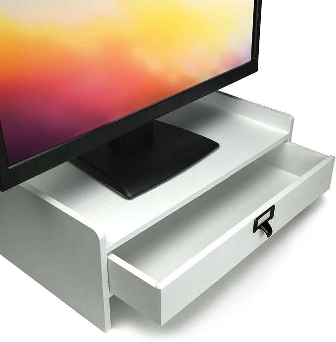 EXCELLO GLOBAL PRODUCTS Wooden Monitor Stand: Includes Drawer for Desktop Organization of Notebooks, Pens, Pencils & Office Supplies (White)