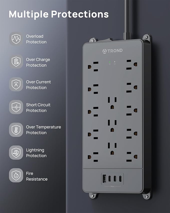 TROND 360° Rotating Flat Plug, Surge Protector Power Strip, 13AC Widely Spaced Outlets Expansion with 3 USB C Ports, 4000J, 5ft Extension Cord Heavy Duty, Wall Mount, Under Desk, ETL Listed, Black