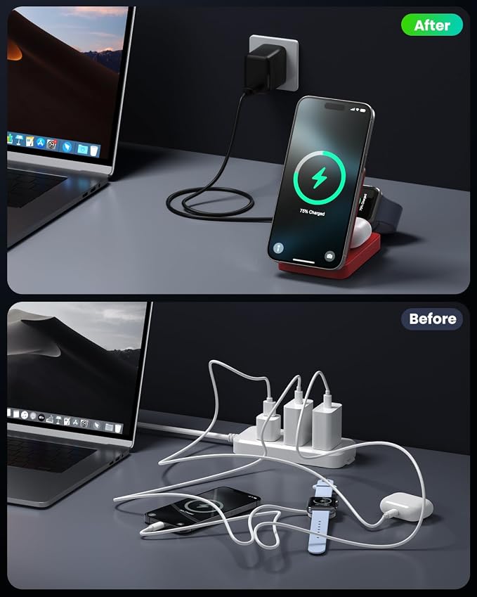 3 in 1 Wireless Charger Charging Station for iPhone,Travel Foldable Magnetic 15W Fast Wireless Charger Stand for Mag-Safe with 30W USB C Adapter for iPhone 17/16/15/14/13/12,Apple Watch,AirPods