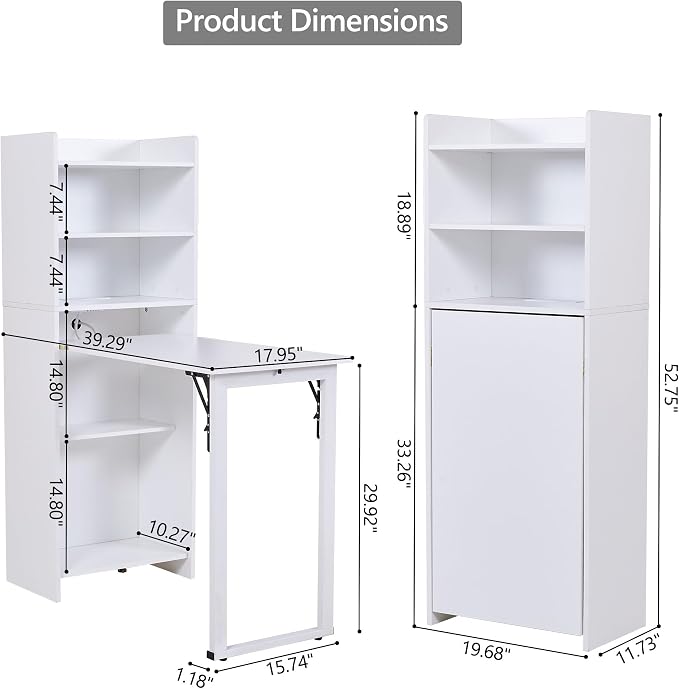 Foldable Desk with Storage,Hidden Desk with Built-in Socket,Fold Out Writing Table for Small Spaces,Home Office and Bedroom (White)