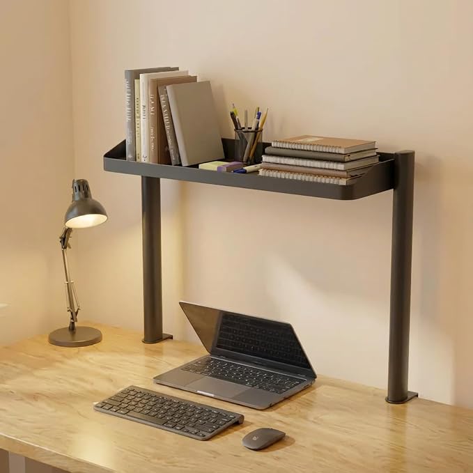 Clamp on Desk Shelf, 17in 2-Tier Office Desk Shelves Organizer, Small Shelf for Top of Desk with Headphone Holder and Hooks, Desktop Storage Rack for Home Workspace, Study Rooms, Gaming Accessories