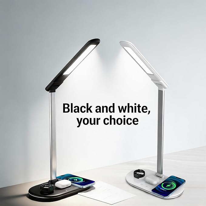 IHAO 3in1 Wireless Charging Eye-Care Desk Lamp 15W Fast Charging Station for Phone, Smartwatch & Earbuds, Touch Control Dimmable LED Light Adjustable Gooseneck, Modern Office Table Lamp-HYT2096 Black