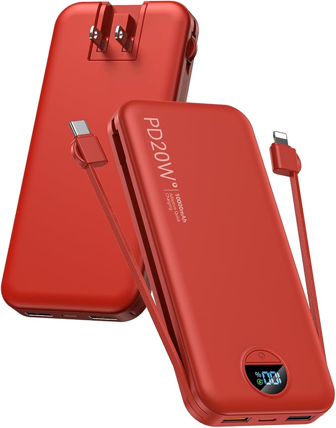citicr Portable Charger 10000mAh PD20W w/Built-in Cables & Wall Plug Red | Fast charging, Built-in wall plug, LED display, Charge 5 devices at once, Pass through charging, TSA approved, Pocket size