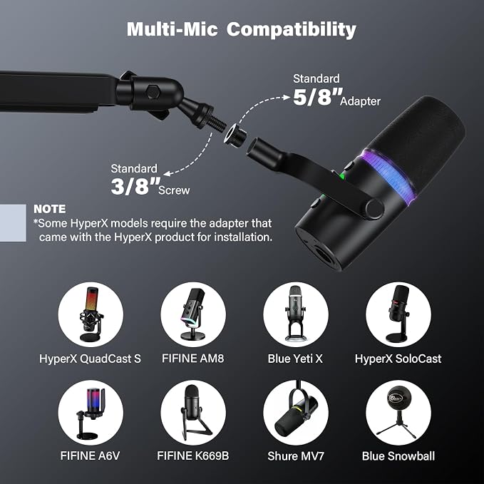 Low Profile Mic Arm, Cable Management Microphone Boom Arm, Full Aluminum Adjustable Mic Stand with Desk Clamp, 360°Rotatable Heavy Duty Microphone Stand for Streaming, Podcasting, Recording