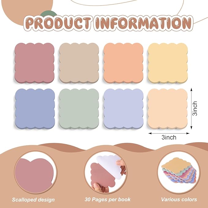 Eaasty 8 Pack Scalloped Sticky Notes Cute Adhesive Memo Pads Vintage Colors Aesthetic Unlined Self Stick Note Pads 3" x 3" Pretty Wavy Sticky Notes Bulk 240 Sheets for School Office Supplies