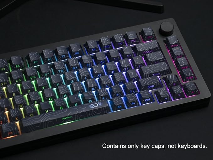 dagaladoo Black Topographic keycaps Double Shot PBT keycaps Shine Through Keyboard Keys Side Printed Key caps Cherry Profile Custom keycap Set for100%, 75%, 65%, 60% US Layout Mechanical Keyboard