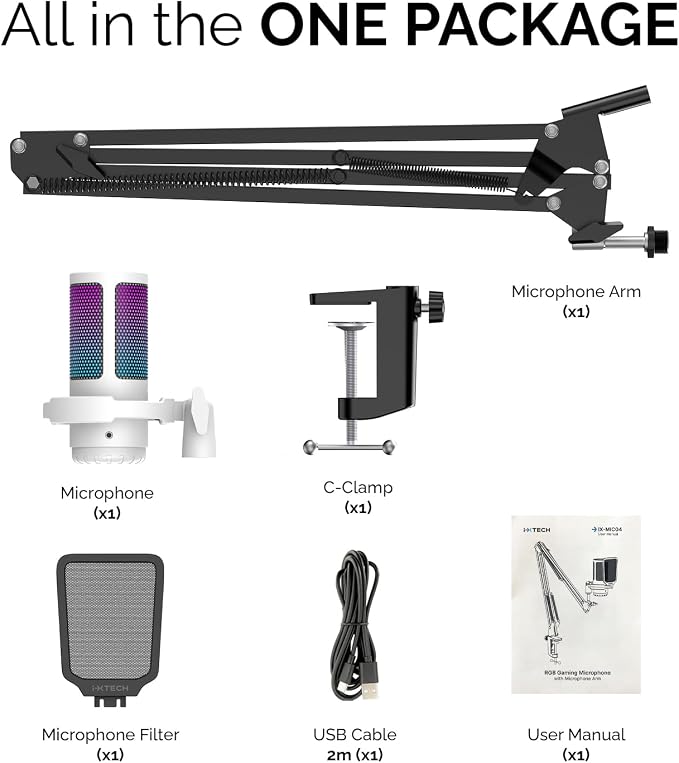 IXTECH Gaming Microphone for PC with Boom Arm, Podcast Condenser Mic with Pop Filter, Quick Mute Button, Gain Knob, Mic Arm and Computer Mic with Gain Control for Streaming Podcasting Recording