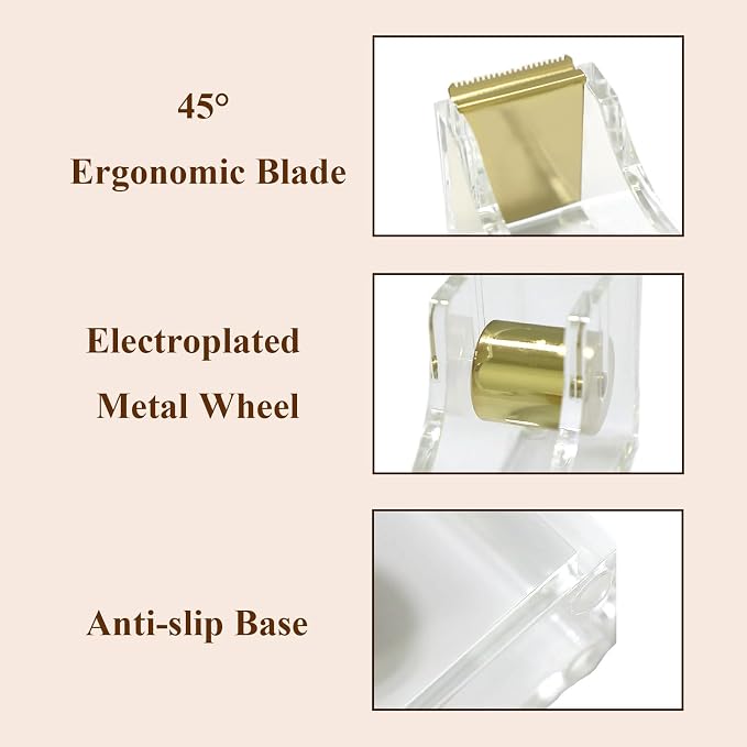 Gold Tape Dispenser, Clear Acrylic Desk Tape dispensers with Serrated Metal Edge, Modern Aesthetic Office & Craft Tape Organizer for Gift Wrapping, 1 Inch Core, Non-Slip Weighted Base