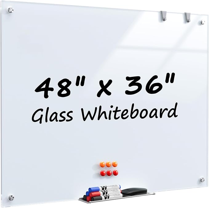 MaxGear Magnetic Glass Whiteboard 48x36 Frameless Wall Mounted | Tempered Glass, Scratch Resistant, Stain Resistant, Ghost Free, Easy Erase, Smooth Writing, High Clarity, Frameless