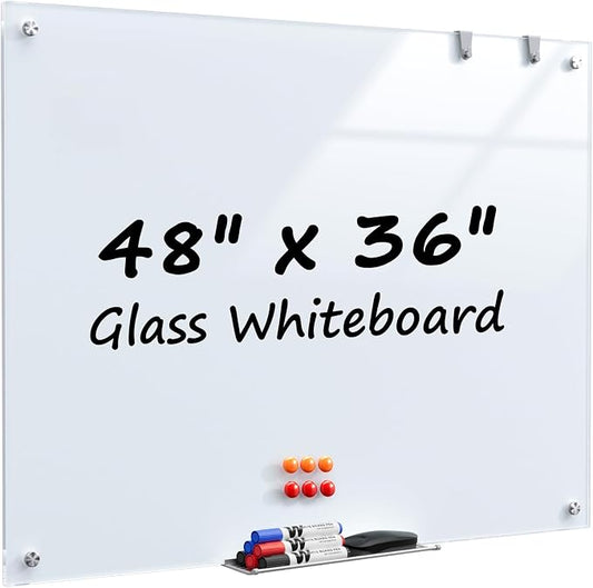 MaxGear Magnetic Glass Whiteboard 48x36 Frameless Wall Mounted | Tempered Glass, Scratch Resistant, Stain Resistant, Ghost Free, Easy Erase, Smooth Writing, High Clarity, Frameless