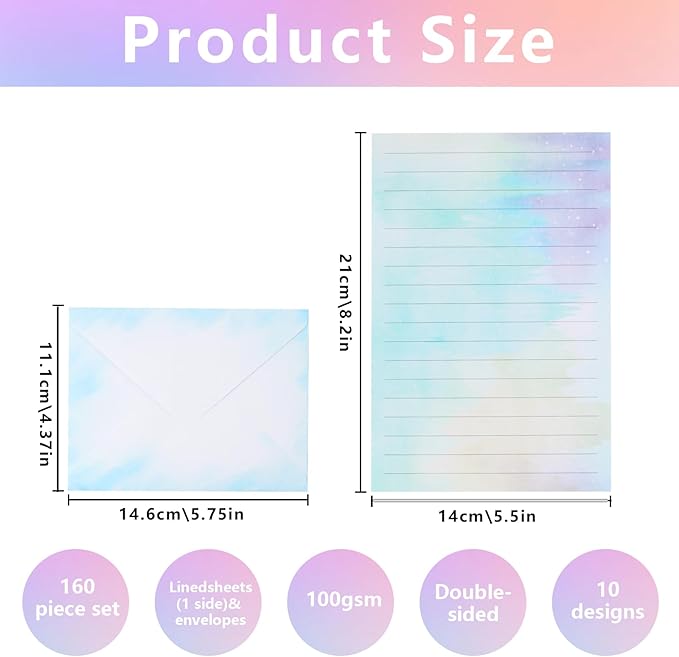 160Pcs Stationary Letter and Envelopes:50 Watercolor Stationery Paper&50 Envelopes,Lined Stationery Paper and Envelopes Set,Stationary Paper and Envelopes Set,Letter Writing Stationery Sets