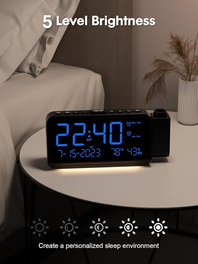 ROCAM Projection Alarm Clock with 180° Ceiling Projector & Digital Display | 5-Level Dimmer, Dual Alarms, Night Light, Temp & Humidity Display, Weekday/Weekend Mode, DST, Snooze Function for bedroom