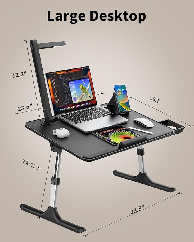 Laptop Table with LED Desk Light, SAIJI Laptop Stand for Bed, Height Adjustments Bed Desk with Book Stand for Reading Writing Drawing (Black)
