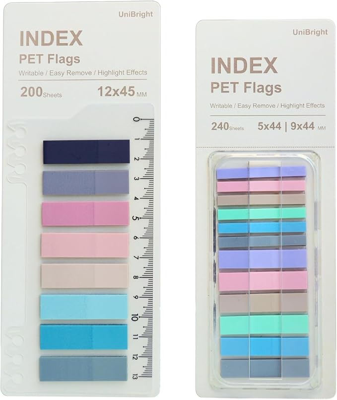 UniBright 440 pcs Sticky Tabs for Books, Transparent Repositionable Page Markers, Morandi Colors with Ruler & Dispenser, Writable Tabs for Notebooks and Bible, Office, School, Home Use