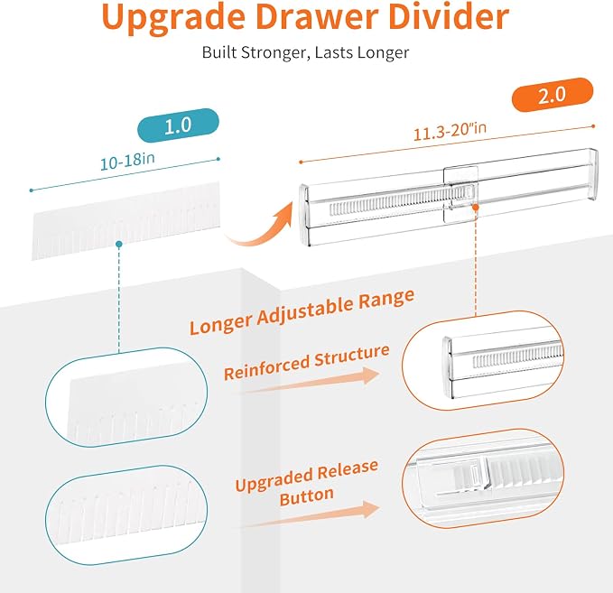 Adjustable Drawer Dividers 11.3-20in Organizer for Dresser (6) | Clear Plastic, 3.2in Wide, Adhesive Mounting, No Tools, for Kitchen Office
