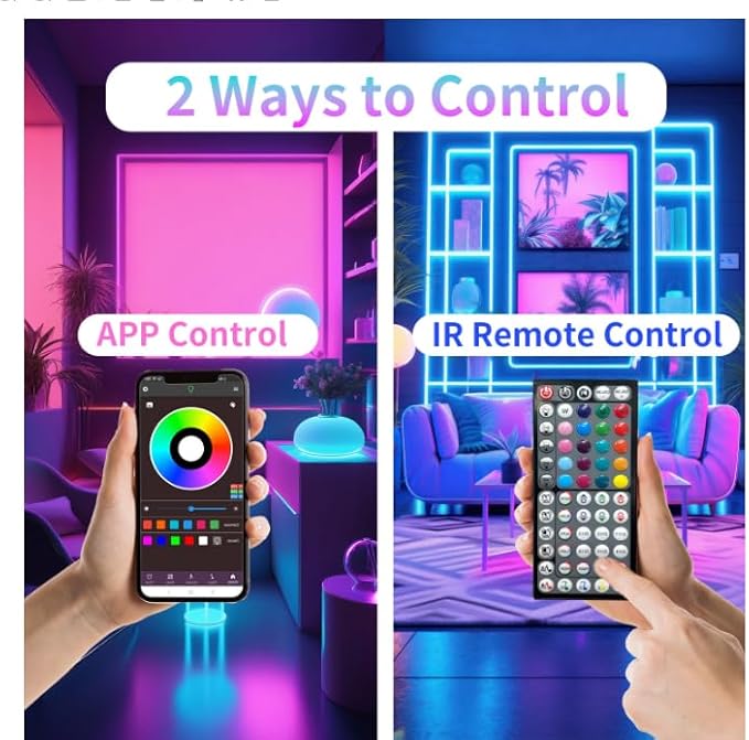 Led Lights for Bedroom 50ft (1 Roll), Color Changing RGB Led Strip Lights with 60 Keys Remote and App Control, Music Sync Led Lights for Room Kitchen Party Home Decor