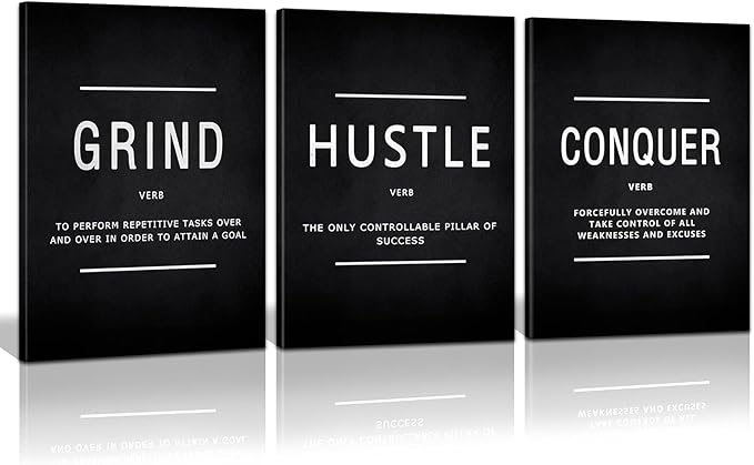 KAWAHONE Success Quotes Wall Art, Grind Hustle Conquer Motivation Wall Poster Framed Positive Sayings Wall Hanging Inspirational Quotes for Home Office Workplace - 20x28inx3pcs