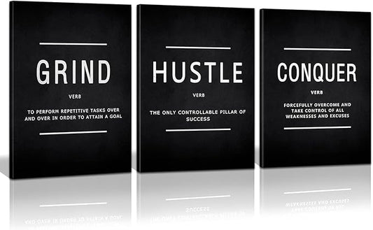KAWAHONE Success Quotes Wall Art, Grind Hustle Conquer Motivation Wall Poster Framed Positive Sayings Wall Hanging Inspirational Quotes for Home Office Workplace - 20x28inx3pcs
