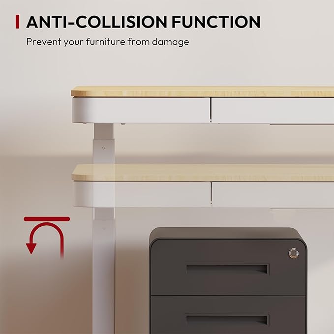 SANODESK Standing Desk with Drawer, Electric Height Adjustable Home Office Desk with Storage & USB Ports, 55 inch Maple Wood Tabletop/White Frame