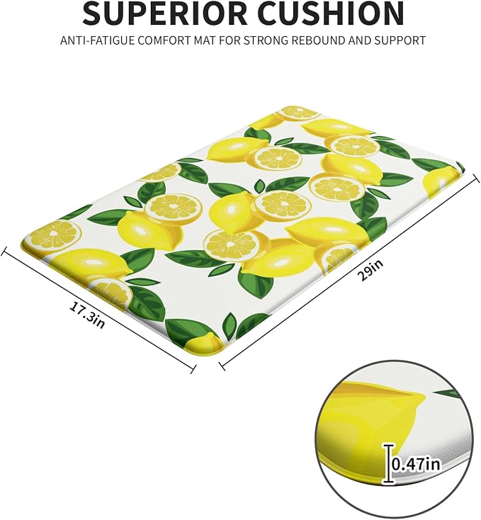 Lemon Kitchen Decor Kitchen Mat, Cushioned Anti Fatigue, Non-Slip | Bright Lemon Pattern,Yellow docor,Cushioned Comfort,Non-Slip Backing,Waterproof Surface,Easy Clean,Kitchen Sink,Laundry