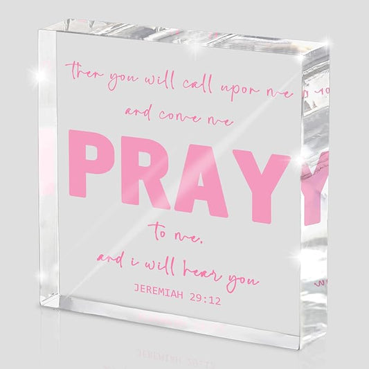 Pink Inspirational Decor- Bible Verse Art Christian Gifts for Women- Pink Acrylic Dorm Room Decor for Women - Pray to me- Office Desk Accessories Decor Sign 4x 4 Inches