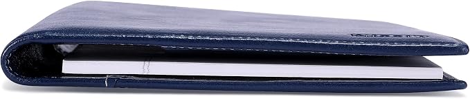 HISCOW Slim Leather Junior Padfolio, 5x8 Notepad Cover, Antiqued Blue | Full-grain buffalo leather, top-loading legal pad holder, rigid pen loop, quick-access card slot, zipperless boardroom design
