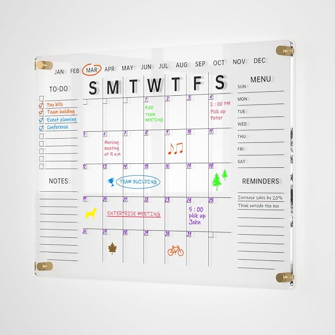 24x16 Acrylic Wall Calendar with Dry Erase Surface, Streamlined Monthly Planner Board, Includes Vibrant Markers, Eraser, Multi-Color Mounting Screws, & Easy Install Kit - Ideal for Home & Office
