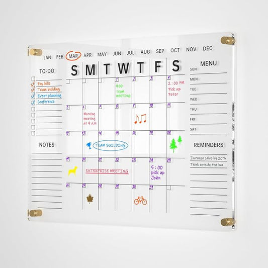 24x16 Acrylic Wall Calendar with Dry Erase Surface, Streamlined Monthly Planner Board, Includes Vibrant Markers, Eraser, Multi-Color Mounting Screws, & Easy Install Kit - Ideal for Home & Office