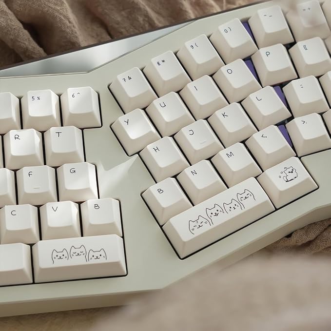 PBT Cute Cat Keycaps, Milk White Dye-Sublimation Keycap, 151 Keys Cherry Profile Keyboard Keycaps Set, Sand Dune Cat Custom Key Caps for Cherry MX Switches Mechanical Gaming Keyboard