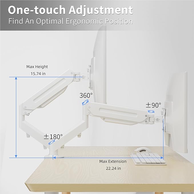 Suptek Monitor Mount Gas Spring Monitor Arm Desk Mount Fully Adjustable Fits 17 20 22 23 24 26 27 32 35 inch Monitors Weight Capacity up to 24.25 lbs, White