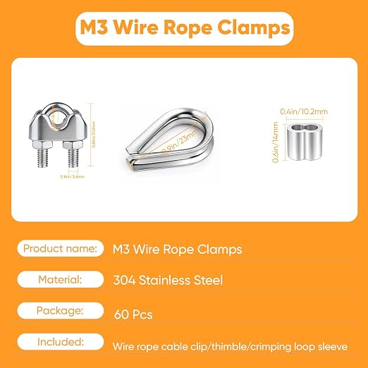 60Pcs 1/8 inch Stainless Steel M3 Wire Rope Cable Clamp,M3 Stainless Steel Thimble, M3 Aluminum Crimping Loop Sleeve for Various Commercial and Industrial(20PCS Each Item)