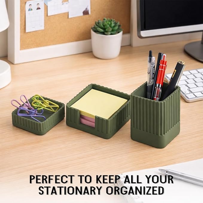 Desk Organizer Set of 3 for Office Accessories - Includes Pen Holder, Paperclip Storage, and Sticky Note Holder - Aesthetic Concrete Desktop Accessories for Women or Men, Office Decor (Green)