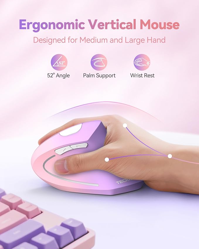 TECKNET 2.4G Ergonomic Mouse Vertical Wireless 4800 DPI Carpal Tunnel Mouse | 5 Adjustable DPI, Optical Tracking, 12 Months Battery, Quiet, 6 Buttons for Laptop, PC, Computer, Right Hand, Pink Purple
