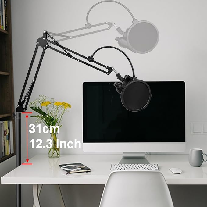 Mic Stand Floor Boom Arm with 6.6lbs Weighted Base for Blue Yeti, Nano, Snowball, HyperX QuadCast, SM7B MV7, Fifine K688 and More Mic, Floor Microphone Stand with 3/8" to 5/8" 1/4" Screw, Pop Filter