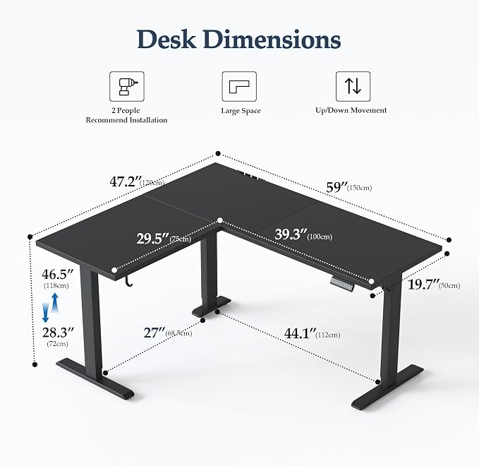 Klicelor L Shaped Standing Desk 59 x 48 Inch, Electric Height Adjustable Corner Desk for Home Office Workstation, Ergonomic Sit Stand Computer Table with Memory Controller, Black