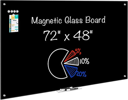 maxtek Black Dry Erase Board 72" x 48", Black Whiteboard Glass Frameless, Large Magnetic Glass White Board for Office School