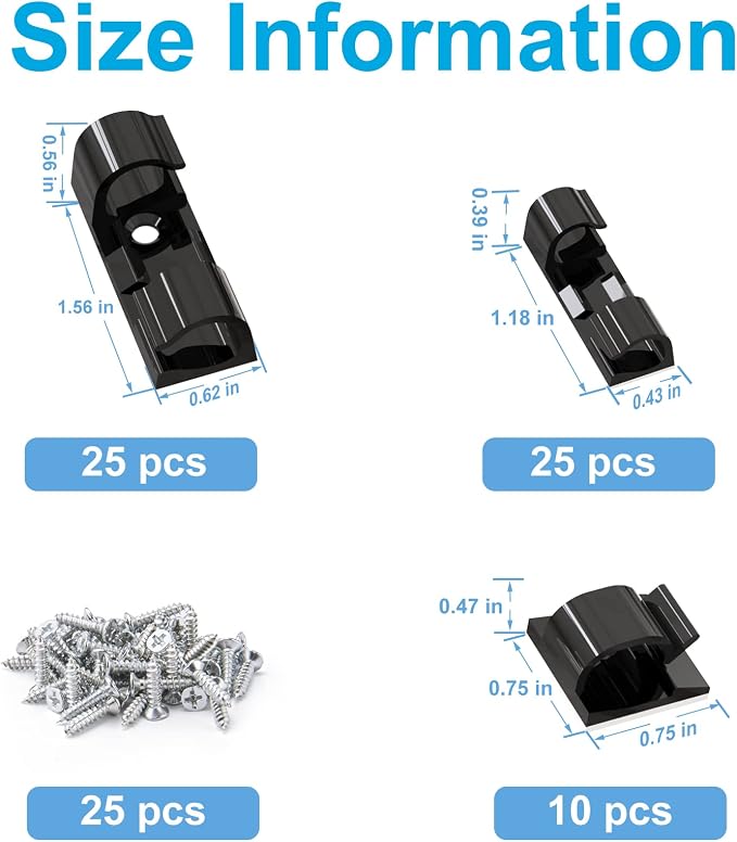 Cable Management Clips Black (Assorted Sizes, 60 PCS), Adhesive Cord Organizer for Wall, Upgraded Wire Holder Electric Wires, LED Light, Dash Cam, HDMI, Power Cable, M&L