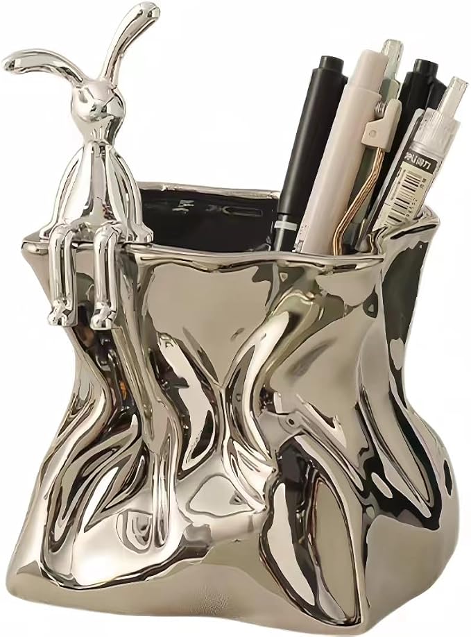 Irregular Aesthetic Pen Holder for Desk Bunny Designer Cute Office Supplies Cubicle Decor Kawaii Workspace Accessories Boho Makeup Organizer Pencil Cup Caddy for Home Office (Silver B)