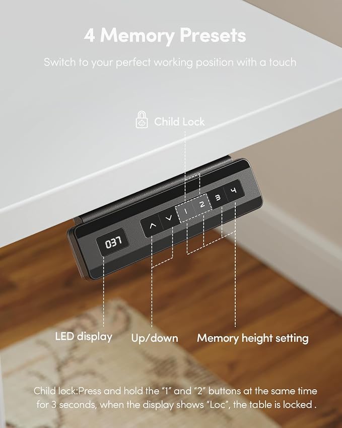 CubiCubi 32 x 20 Small One-Piece Standing Desk, Adjustable Height Electric Computer Home Office Sit Stand up Workstation, with 4 Memory Presets, Headphone Hook, White