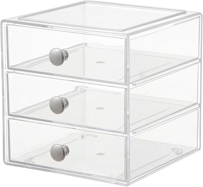 AJIODA Makeup Drawer Organizer Box with 3 Drawers, Acrylic Cosmetic Display Case Vanity Organizer Jewelry Storage Box Stackable Storage for Cosmetics, Skin Care, Bathroom, Countertop, Silver Handle