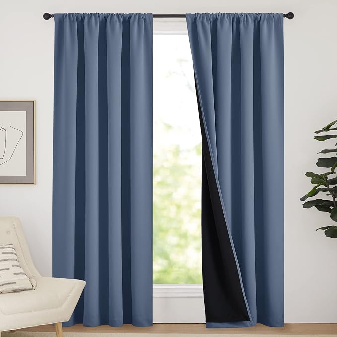 NICETOWN 100% Blackout Curtains 84 inches Long, Energy Smart & Noise Blocking Out Drapes for Baby Room Window, Thermal Insulated Guest Room Lined Window Dressing(Stone Blue, 52 inches Wide, 2 Panels)