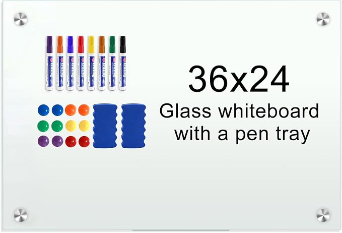 H-Qprobd Glass Magnetic Dry Erase Whiteboard 36"x24" for Wall, Frameless White Board, Includes 12 Magnets, 8 Markers and 2 Erasers